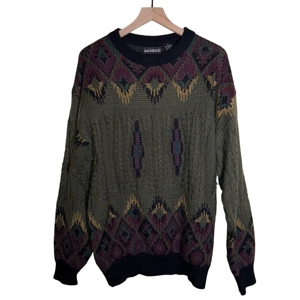VINTAGE BACHRACH chunky knit grandpa style wool blend crewneck sweater XL